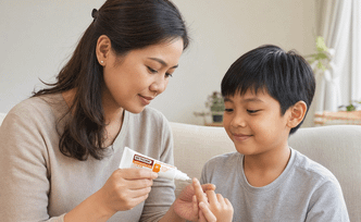 Ibu mengoleskan gel antiseptik BETADINE Clear pada jari anak laki-laki di ruang tamu
