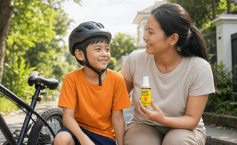 Ibu memegang botol BETADINE Antiseptic Solution di samping anak berhelm dan sepedanya