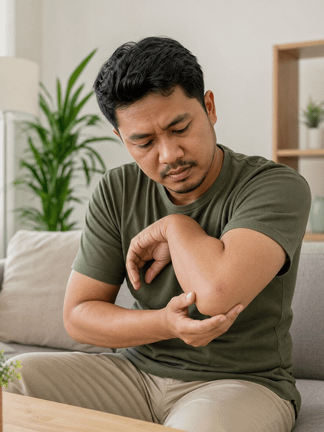 Pria memegang siku yang terluka dan tampak kemerahan sambil duduk di sofa