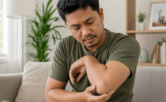 Pria memegang siku yang terluka dan tampak kemerahan sambil duduk di sofa