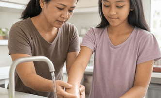 Ibu membilas lengan anak usia sepuluh tahun dengan air mengalir di wastafel dapur