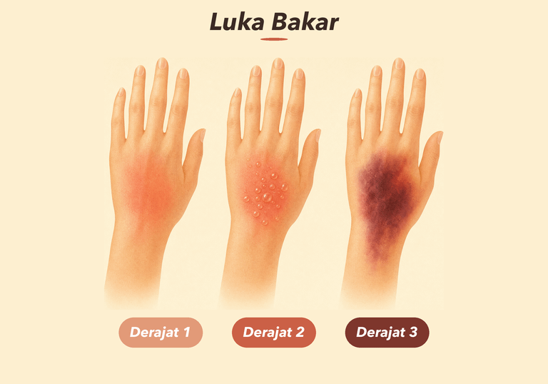 Ilustrasi tiga derajat luka bakar pada punggung tangan, dari derajat 1 hingga derajat 3