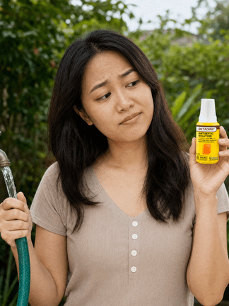 Wanita memegang selang air dan botol antiseptik BETADINE sambil tampak ragu