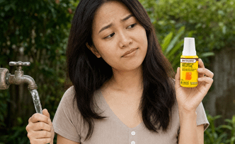 Wanita memegang selang air dan botol antiseptik BETADINE sambil tampak ragu
