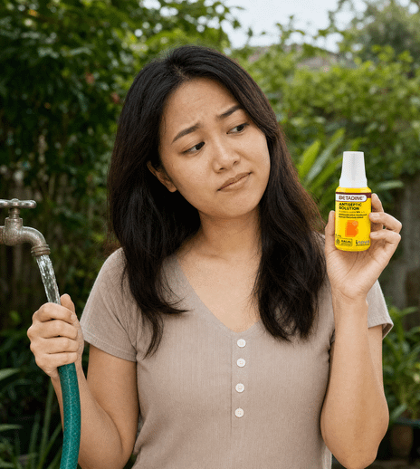 Wanita memegang selang air dan botol antiseptik BETADINE sambil tampak ragu