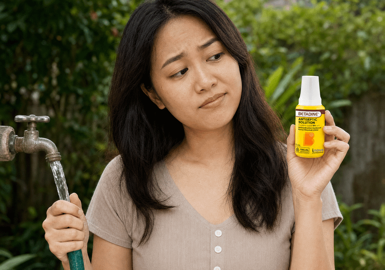 Wanita memegang selang air dan botol antiseptik BETADINE sambil tampak ragu