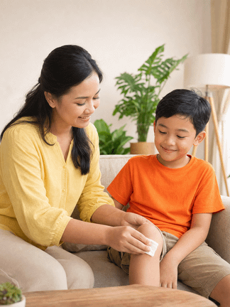 Ibu membersihkan luka lecet di lutut anak laki-laki berkaus oranye di sofa