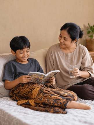 Anak laki-laki bersarung membaca buku ditemani ibunya saat pemulihan sunat