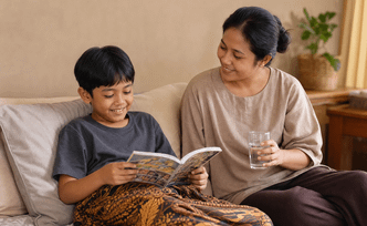 Anak laki-laki bersarung membaca buku ditemani ibunya saat pemulihan sunat