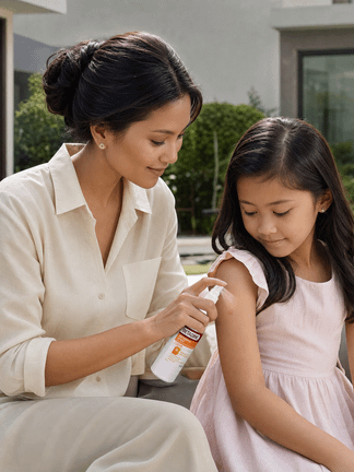 Ibu menyemprotkan BETADINE Clear Antiseptik Spray pada lengan anak perempuan
