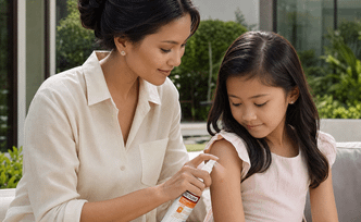 Ibu menyemprotkan BETADINE Clear Antiseptik Spray pada lengan anak perempuan