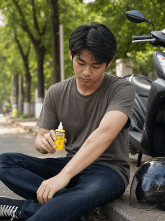 Pemuda mengoleskan BETADINE Antiseptic Solution pada luka lecet di lengannya