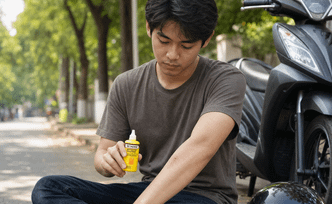 Pemuda mengoleskan BETADINE Antiseptic Solution pada luka lecet di lengannya