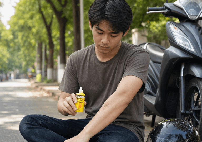 Pemuda mengoleskan BETADINE Antiseptic Solution pada luka lecet di lengannya