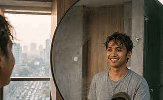 Pria muda tersenyum di depan cermin bulat sambil mengeringkan tubuh dengan handuk setelah mandi